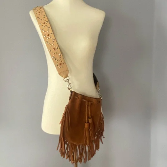 🛑SOLD Rebecca Minkoff Boho Tan Suede Fringe Crossbody Embellished Strap Handbag - Picture 12 of 13